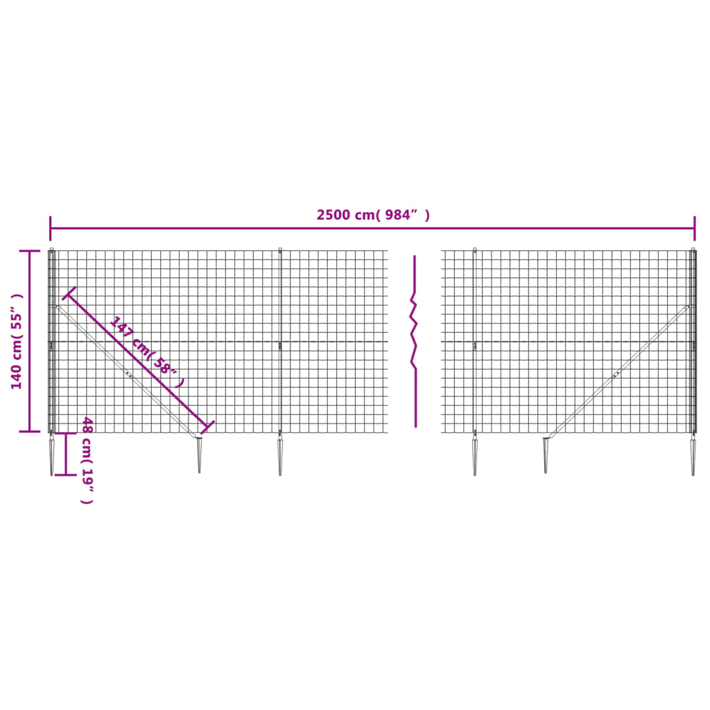 vidaXL Wire Mesh Fence with Spike Anchors Green 1.4x25 m