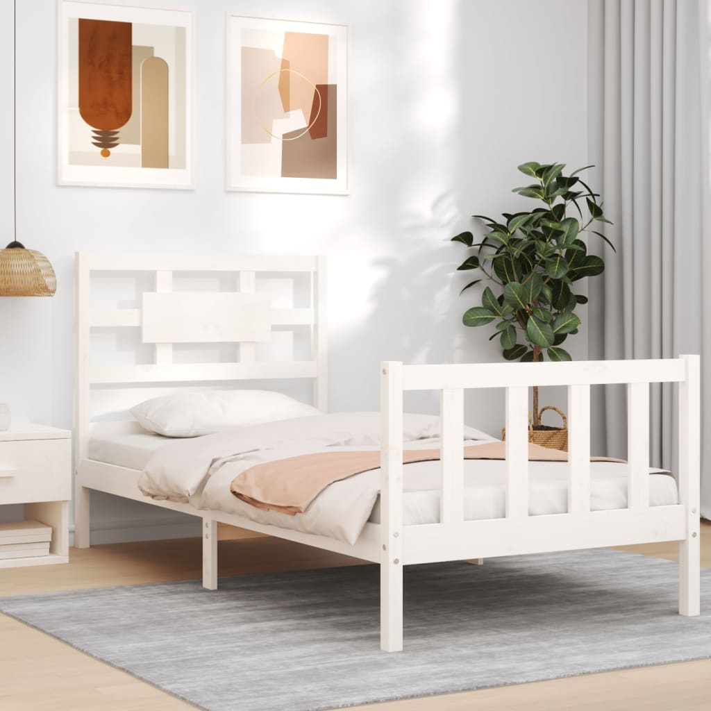 vidaXL Bed Frame with Headboard White Single Solid Wood