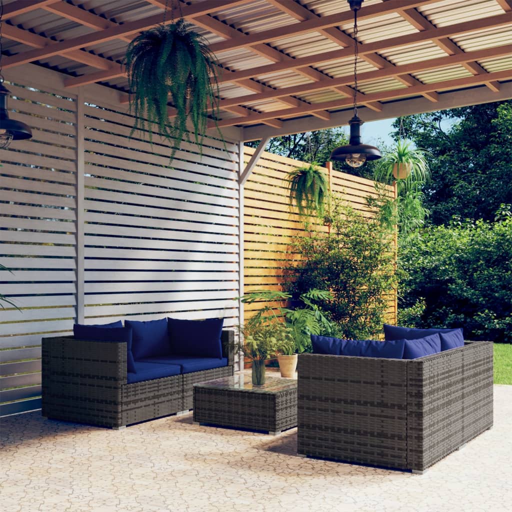 vidaXL 5 Piece Garden Lounge Set with Cushions Poly Rattan Grey