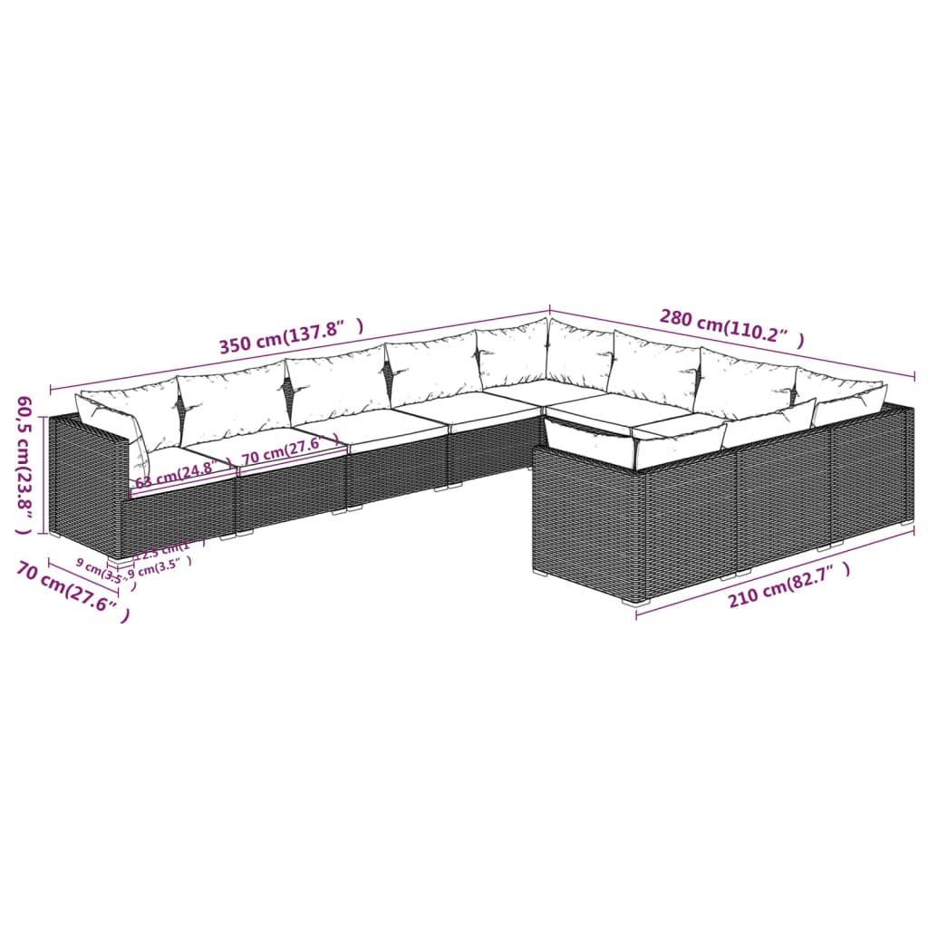 vidaXL 10 Piece Garden Lounge Set with Cushions Poly Rattan Grey