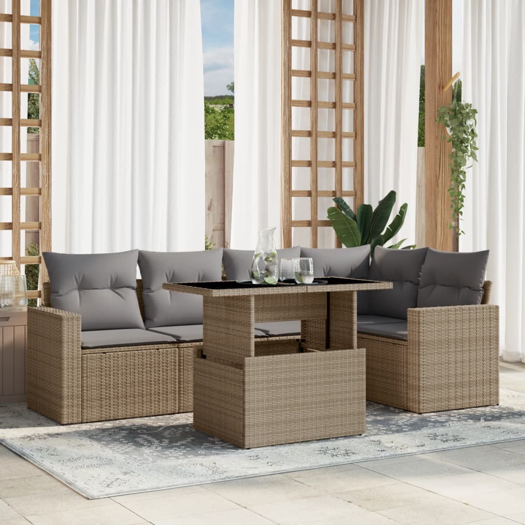 vidaXL 6 Piece Garden Sofa Set with Cushions Beige Poly Rattan