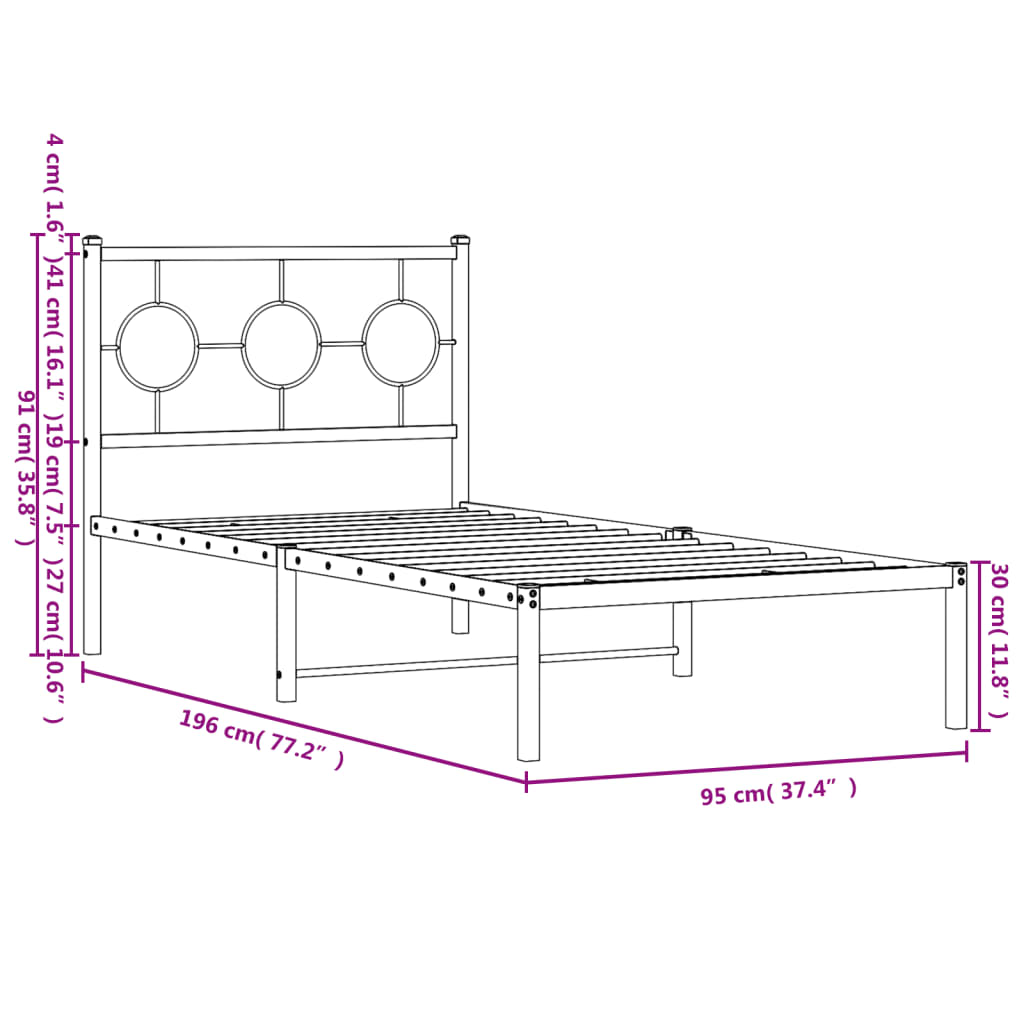 vidaXL Metal Bed Frame without Mattress with Headboard Black 90x190 cm Single