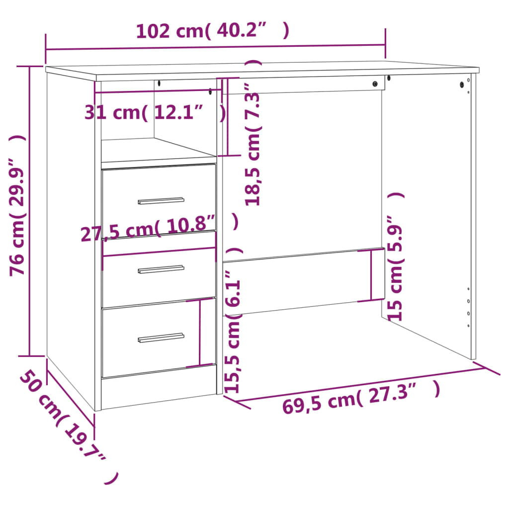 vidaXL Desk with Drawers Sonoma Oak 102x50x76 cm Engineered Wood