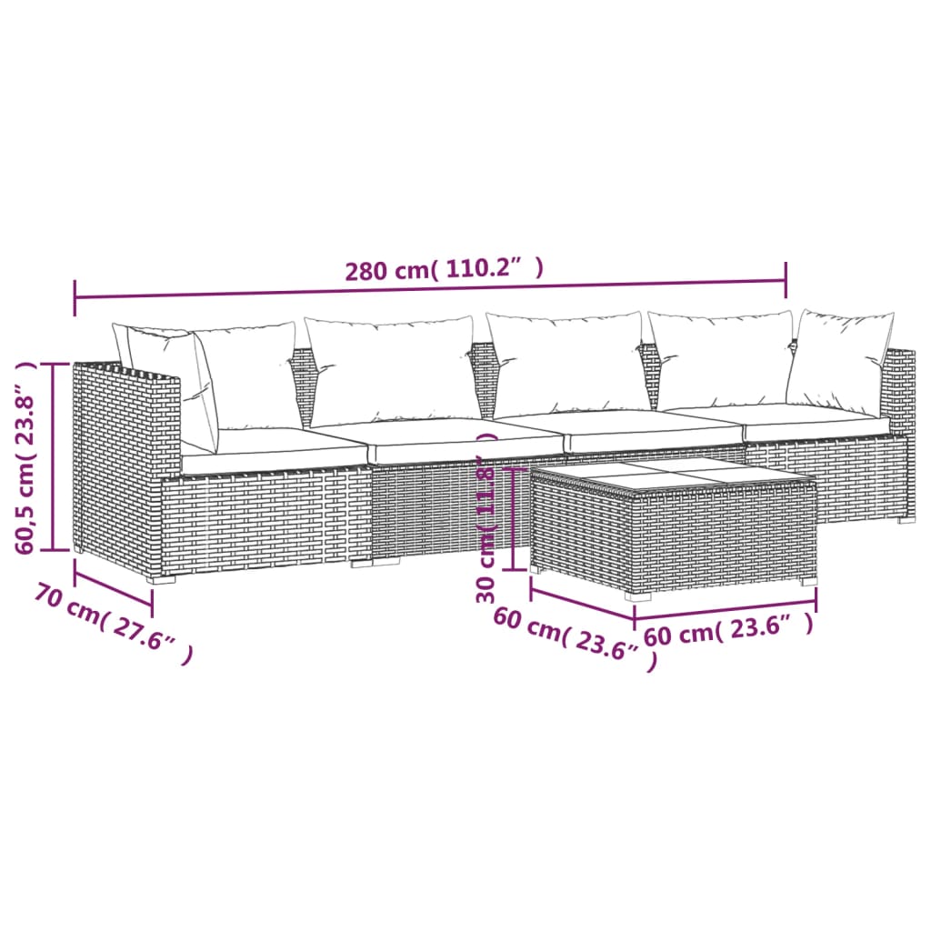 vidaXL 5 Piece Garden Lounge Set with Cushions Poly Rattan Black