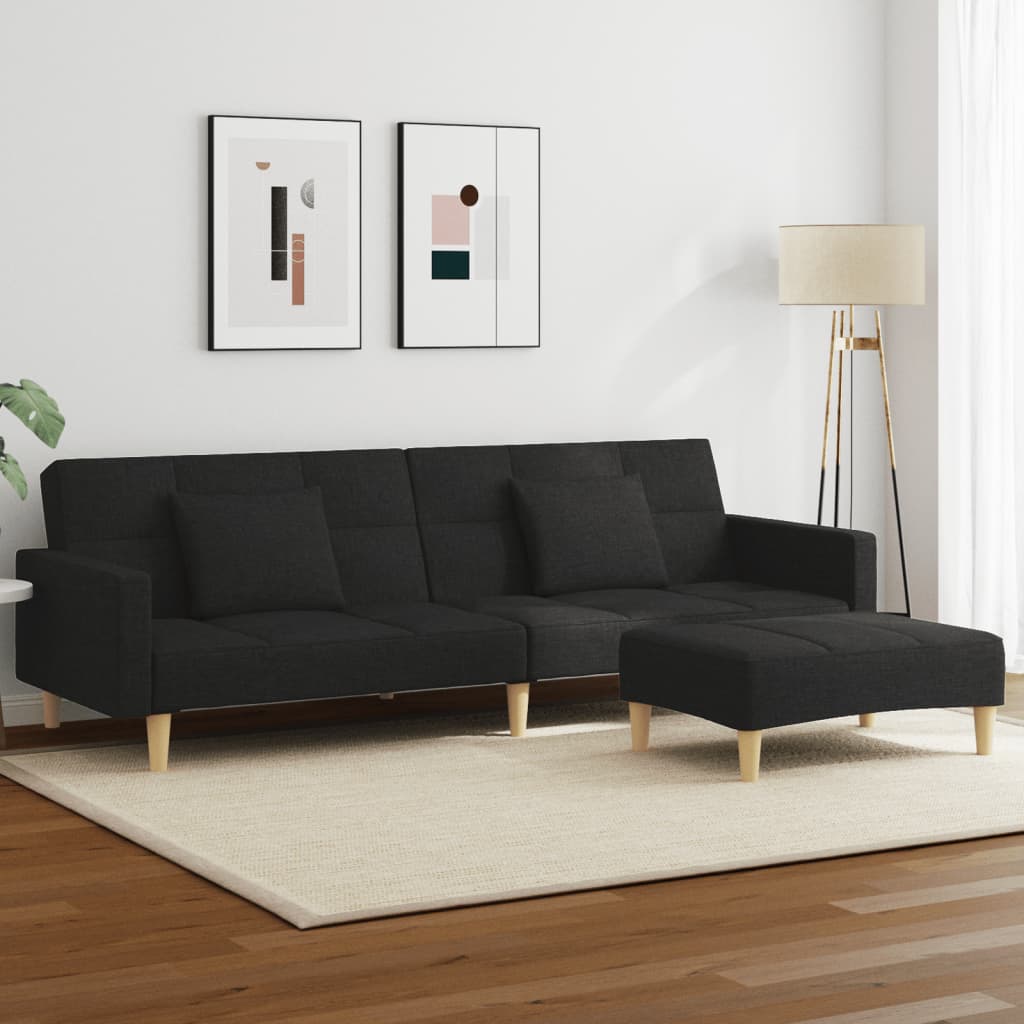 vidaXL 2-Seater Sofa Bed with Footstool Black Fabric