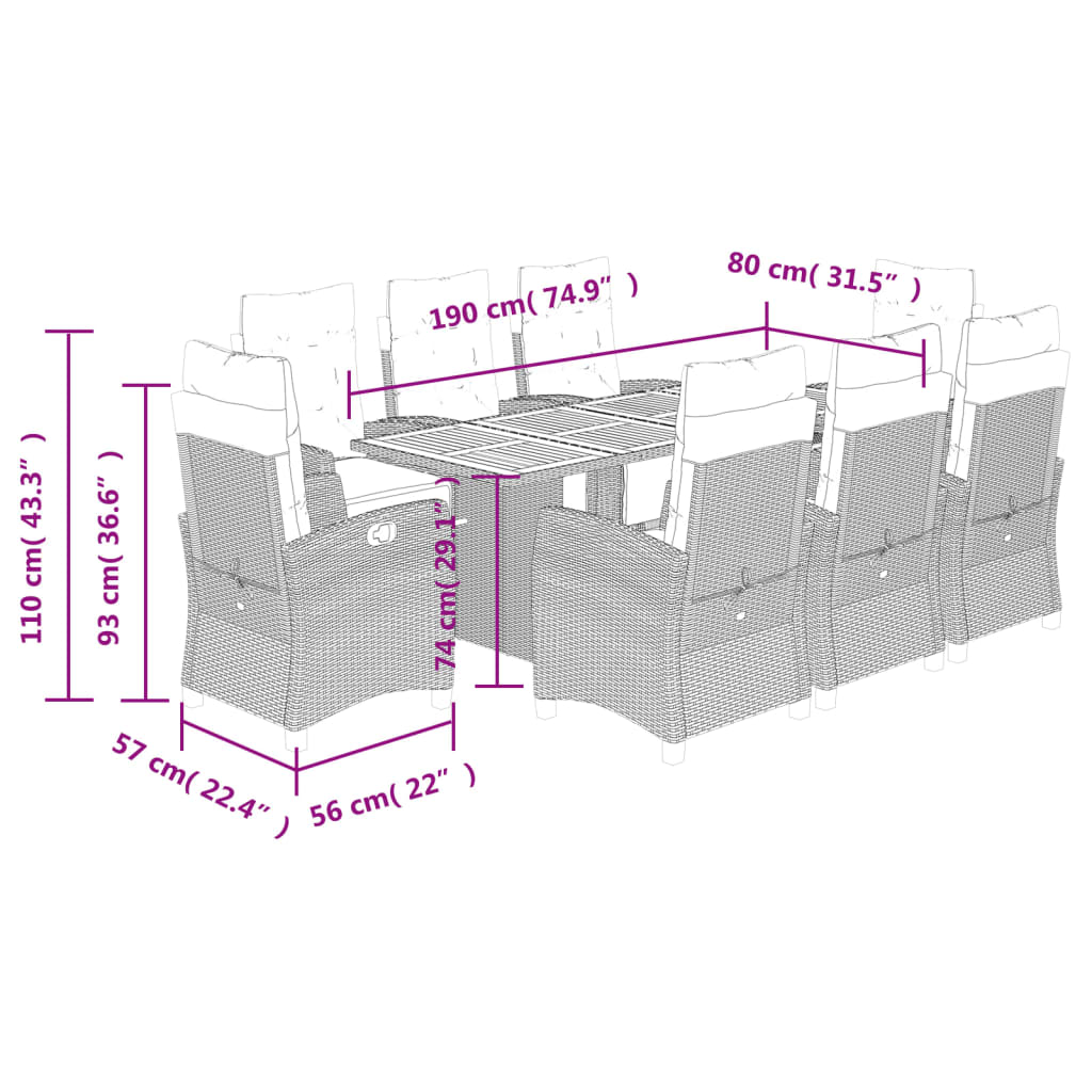 vidaXL 9 Piece Garden Dining Set with Cushions Black Poly Rattan