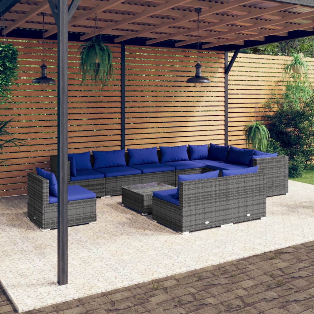 vidaXL 11 Piece Garden Lounge Set with Cushions Poly Rattan Grey