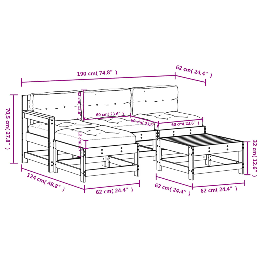 vidaXL 5 Piece Garden Lounge Set with Cushions Solid Wood