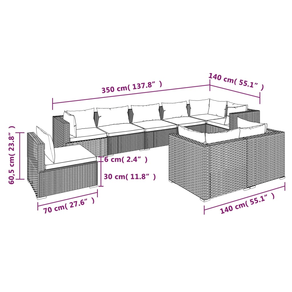 vidaXL 9 Piece Garden Lounge Set with Cushions Poly Rattan Black