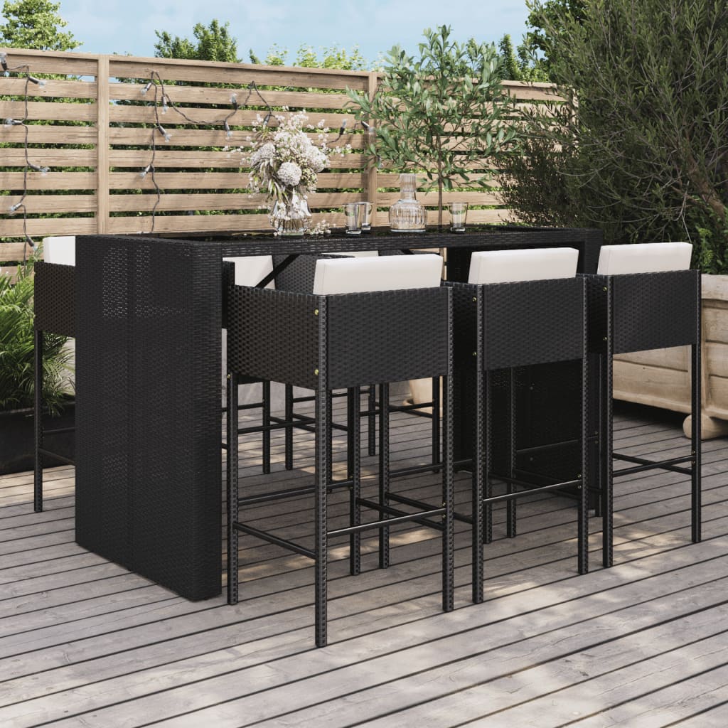 vidaXL 7 Piece Garden Bar Set with Cushions Black Poly Rattan