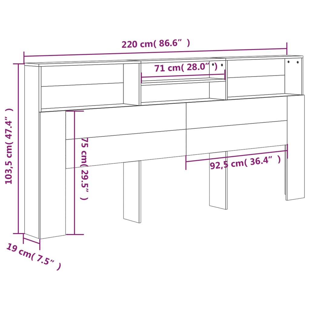 vidaXL Headboard Cabinet High Gloss White 220x19x103.5 cm