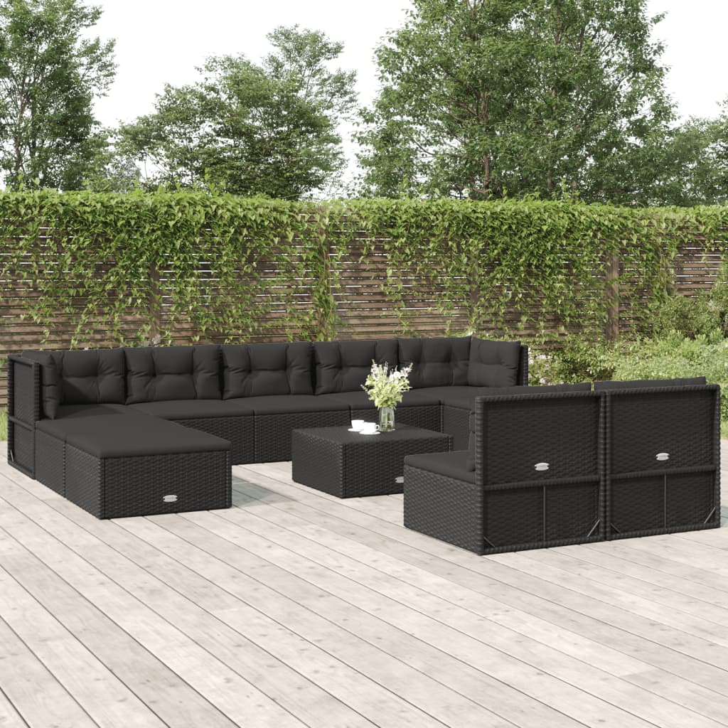 vidaXL 10 Piece Outdoor Sofa Set with Cushions Black Poly Rattan