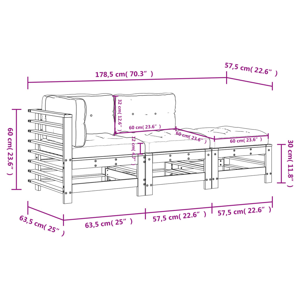 vidaXL 3 Piece Garden Lounge Set with Cushions White Solid Wood