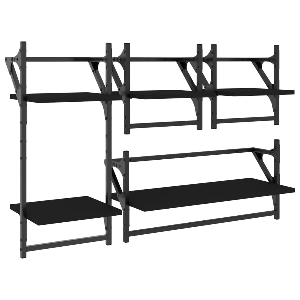 vidaXL 4 Piece Wall Shelf Set with Bars Black Engineered Wood