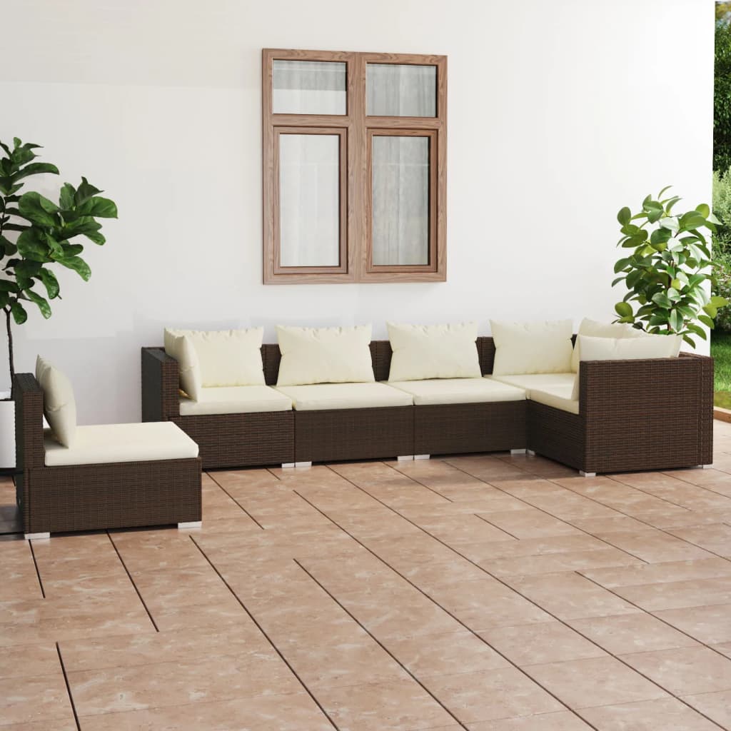 vidaXL 6 Piece Garden Lounge Set with Cushions Poly Rattan Brown