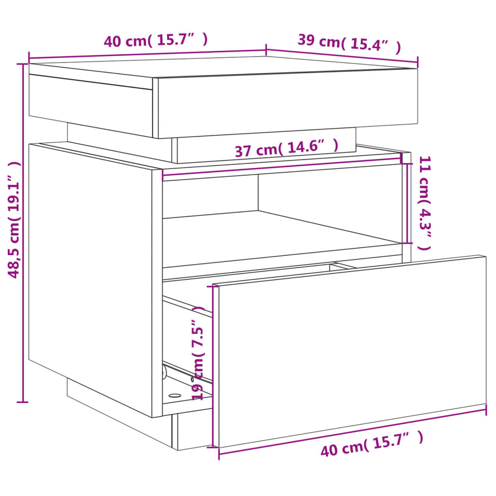 vidaXL Bedside Cabinet with LED Lights Black 40x39x48.5 cm