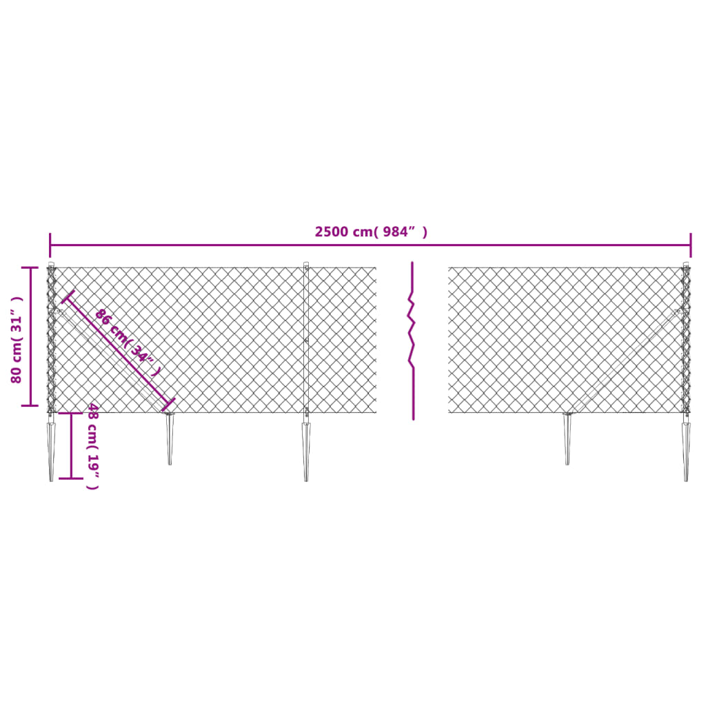 vidaXL Chain Link Fence with Spike Anchors Green 0.8x25 m