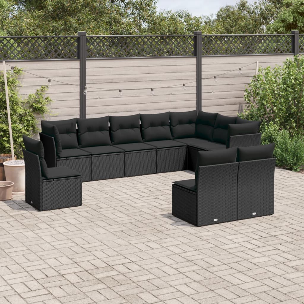 vidaXL 10 Piece Garden Sofa Set with Cushions Black Poly Rattan