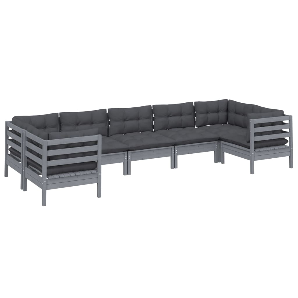 vidaXL 7 Piece Garden Lounge Set with Cushions Grey Pinewood