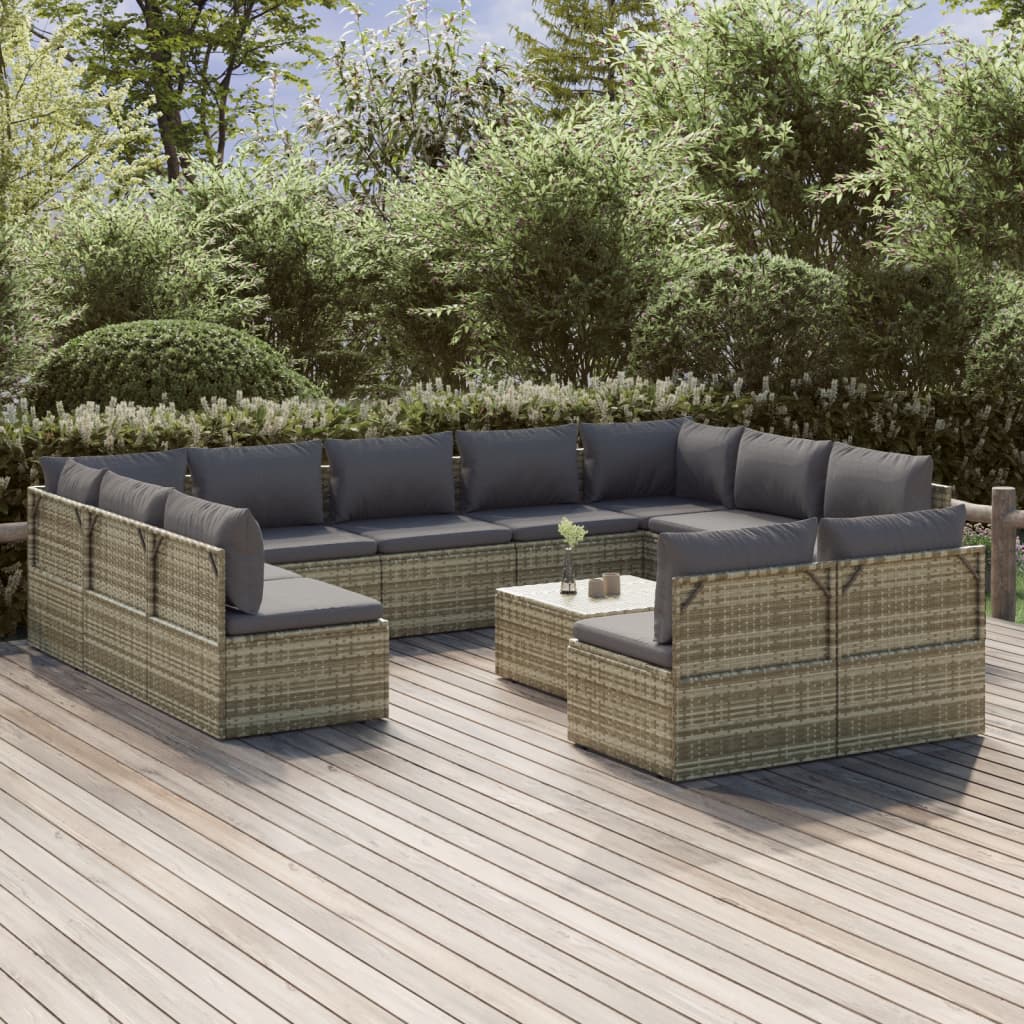 vidaXL 12 Piece Garden Lounge Set with Cushions Grey Poly Rattan