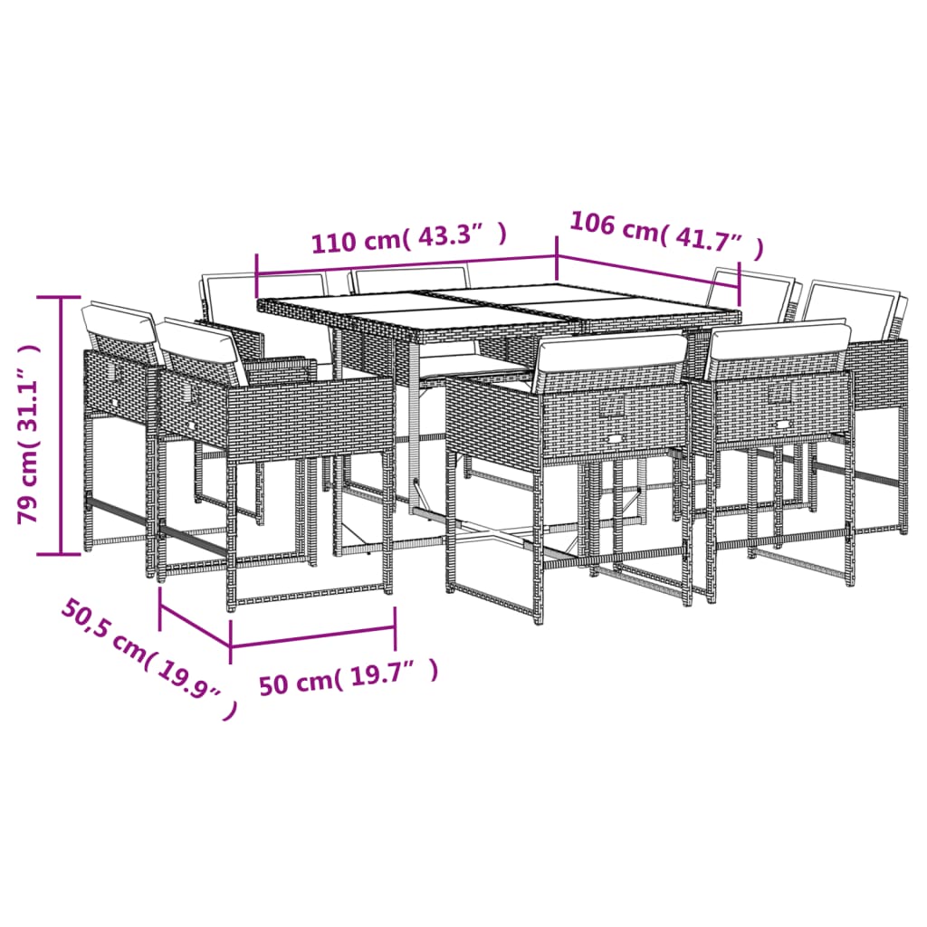 vidaXL 9 Piece Garden Dining Set with Cushions Light Grey Poly Rattan