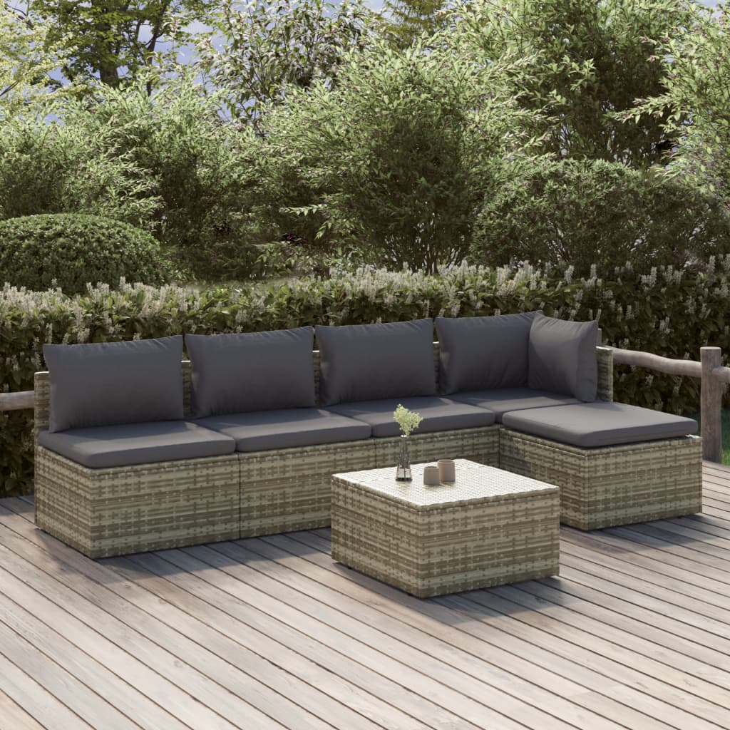 vidaXL 6 Piece Garden Lounge Set with Cushions Grey Poly Rattan