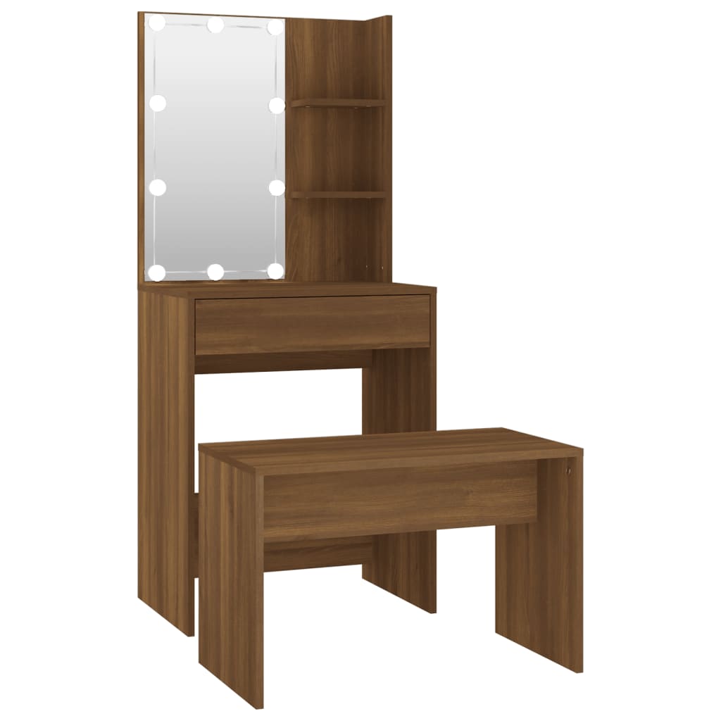 vidaXL Dressing Table Set with LED Brown Oak Engineered Wood