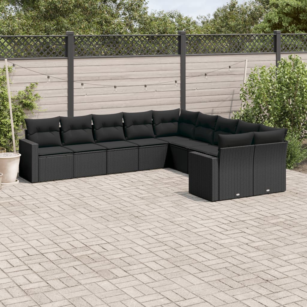 vidaXL 10 Piece Garden Sofa Set with Cushions Black Poly Rattan