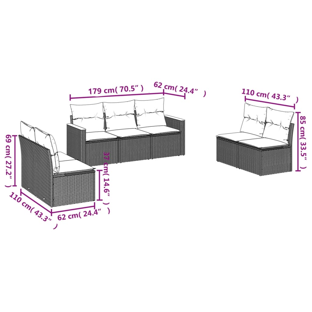 vidaXL 7 Piece Garden Sofa Set with Cushions Black Poly Rattan