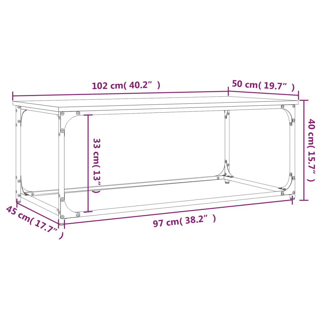 vidaXL Coffee Table Grey Sonoma 102x50x40 cm Engineered Wood and Iron