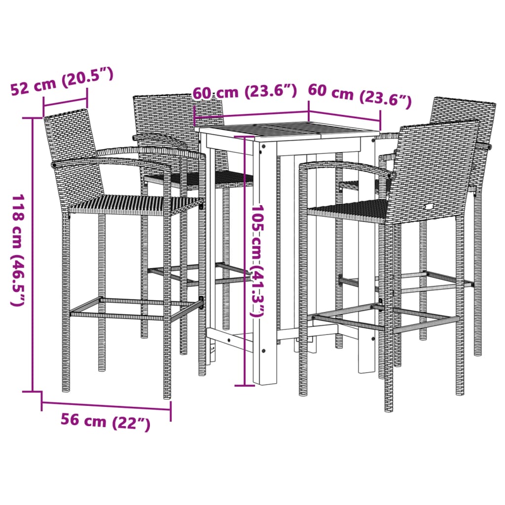 vidaXL 5 Piece Garden Bar Set Black Solid Wood Acacia and Poly Rattan