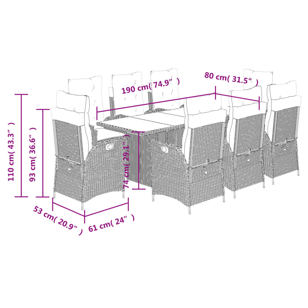 vidaXL 9 Piece Garden Dining Set with Cushions Grey Poly Rattan