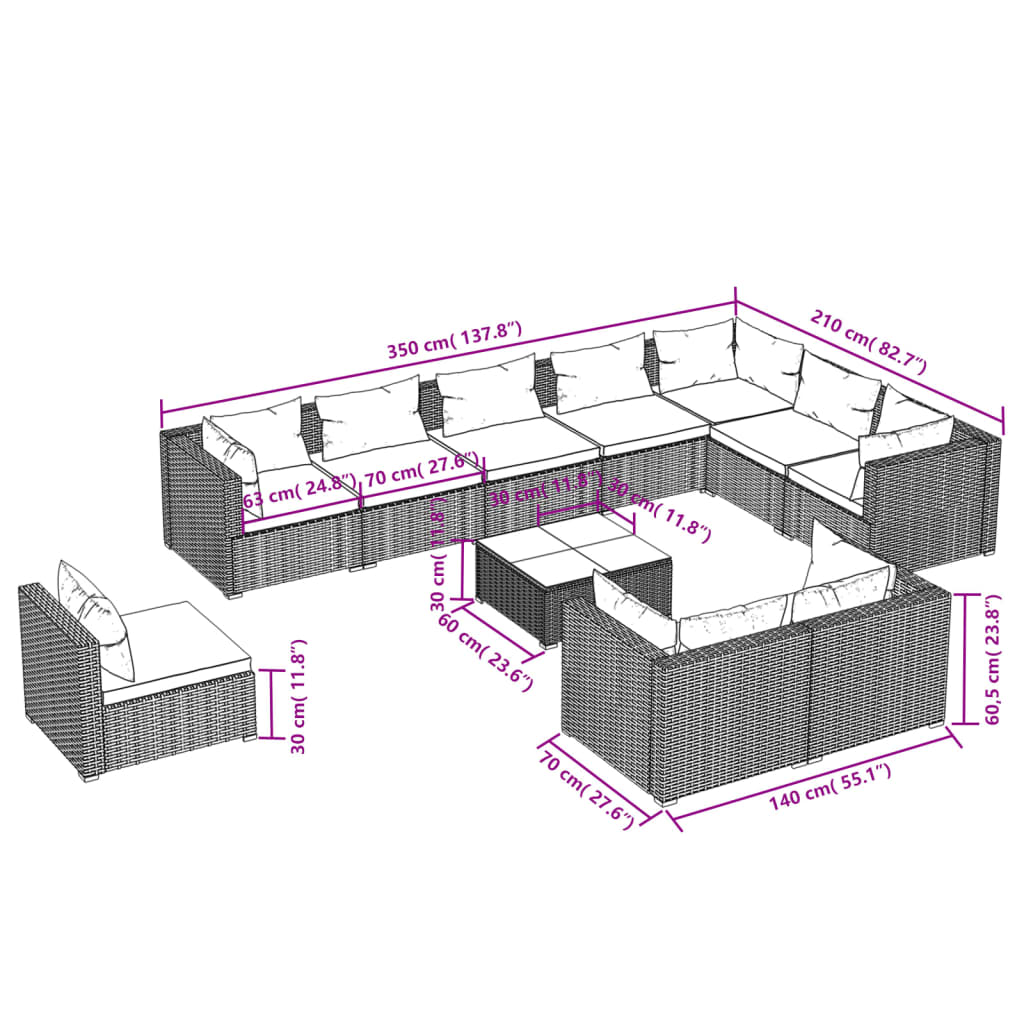 vidaXL 11 Piece Garden Lounge Set with Cushions Poly Rattan Grey