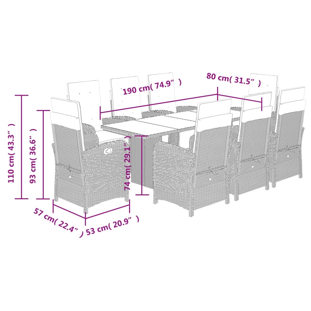 vidaXL 9 Piece Garden Dining Set with Cushions Grey Poly Rattan