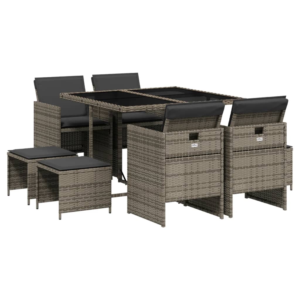 vidaXL 9 Piece Garden Dining Set with Cushions Grey Poly Rattan