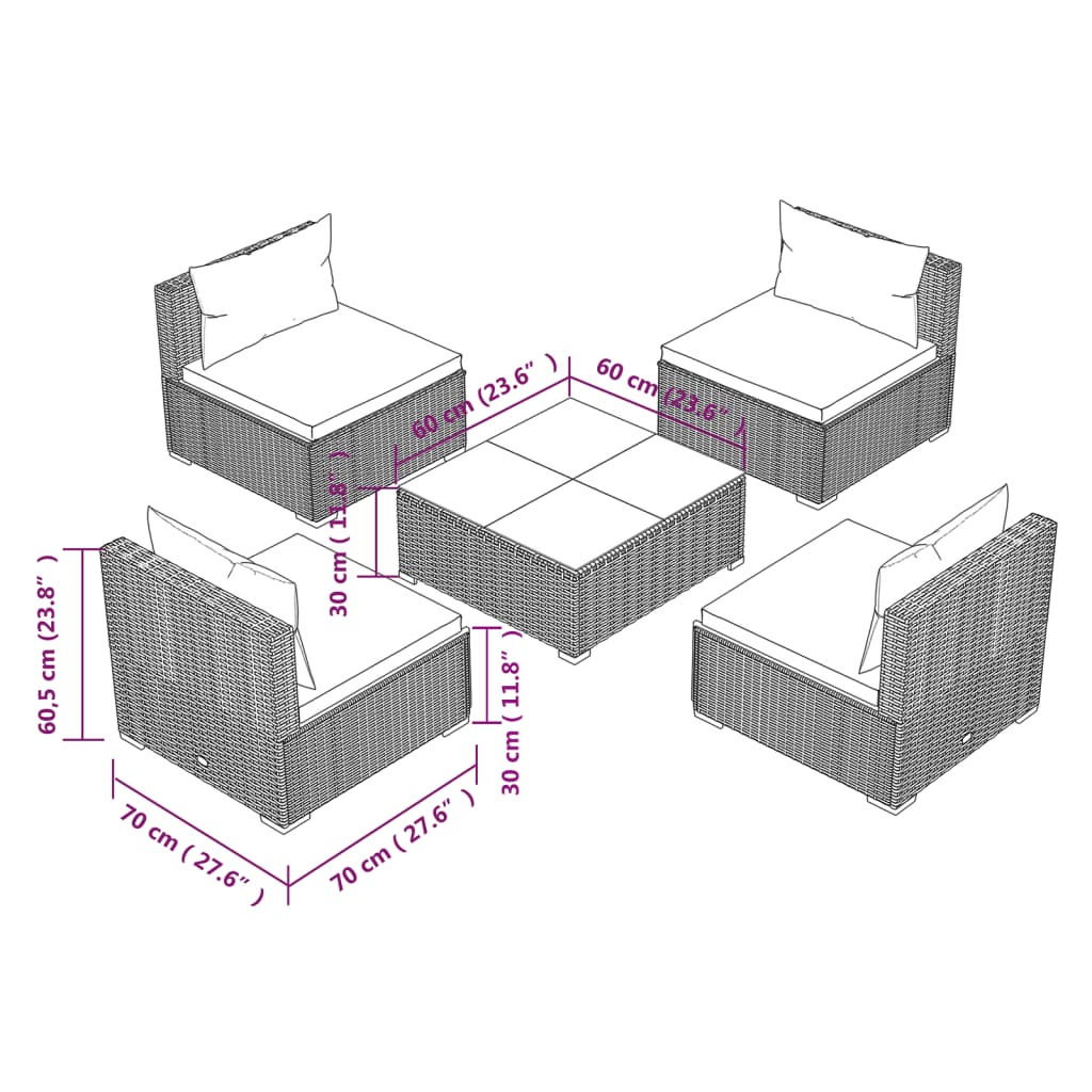 vidaXL 5 Piece Garden Lounge Set with Cushions Poly Rattan Grey