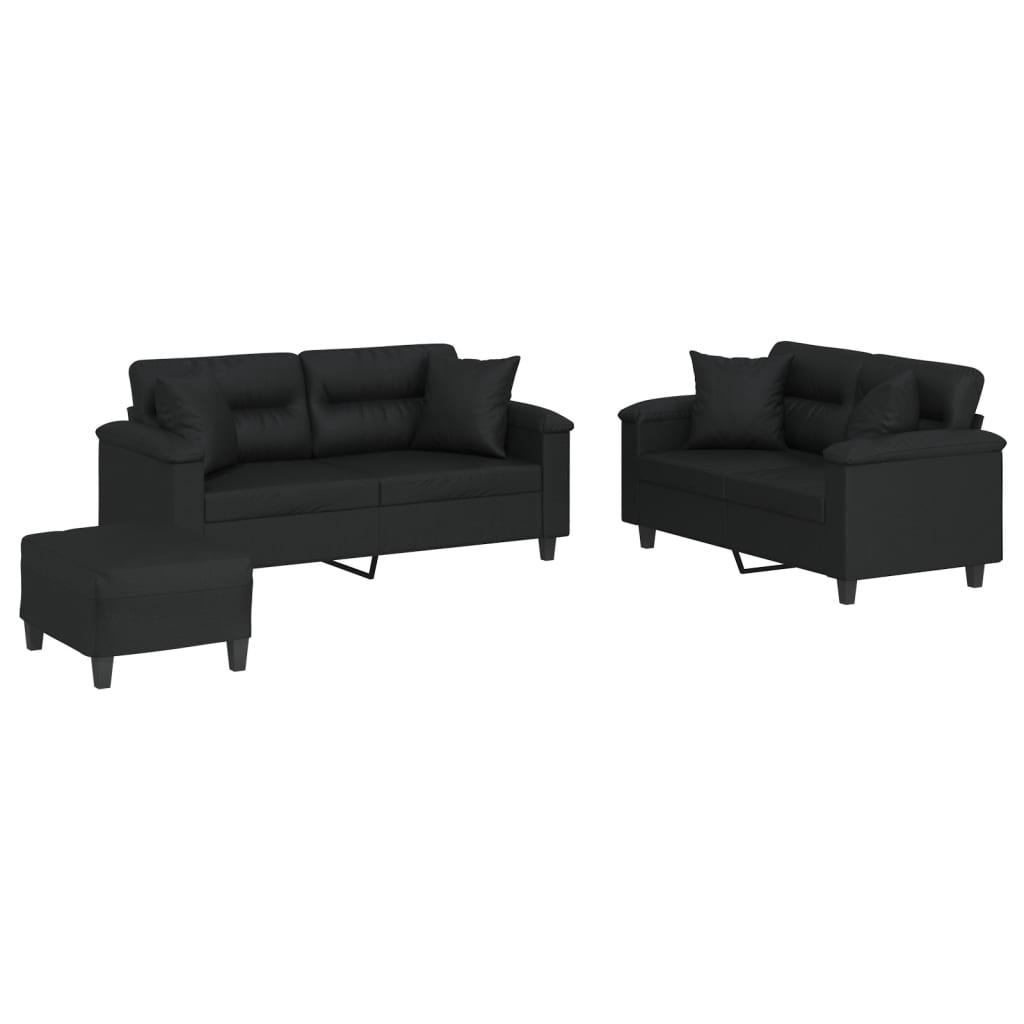 vidaXL 3 Piece Sofa Set with Pillows Black Faux Leather