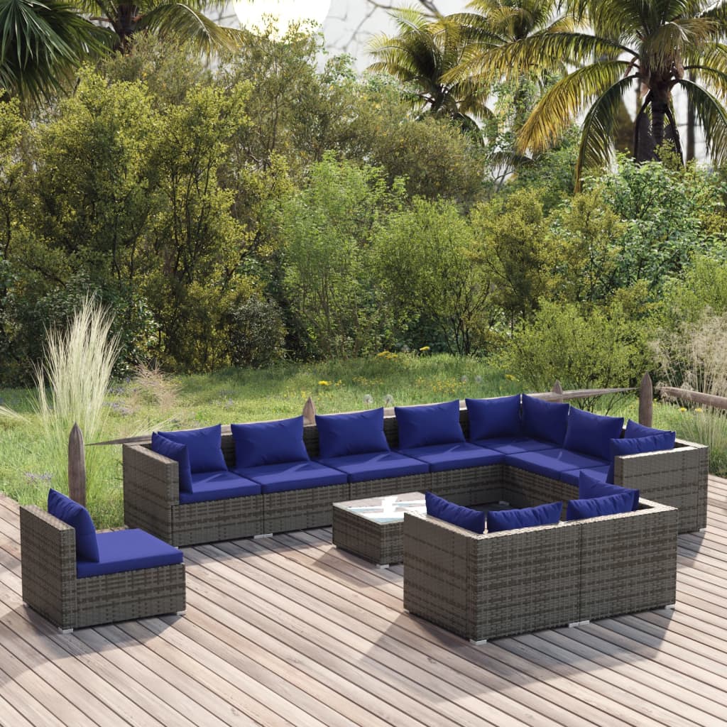 vidaXL 11 Piece Garden Lounge Set with Cushions Poly Rattan Grey