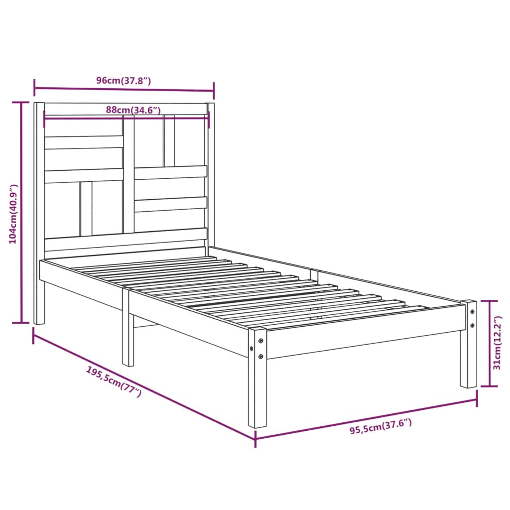 vidaXL Bed Frame without Mattress White Solid Wood 90x190 cm Single