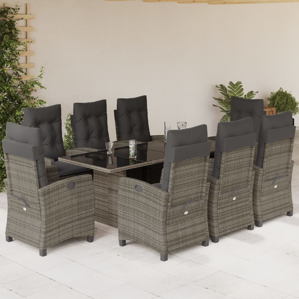 vidaXL 9 Piece Garden Dining Set with Cushions Grey Poly Rattan