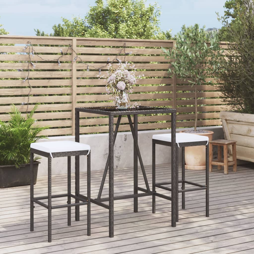 vidaXL 3 Piece Garden Bar Set with Cushions Black Poly Rattan