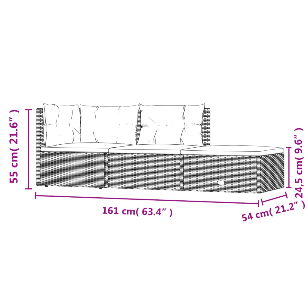 vidaXL 3 Piece Garden Lounge Set with Cushions Grey Poly Rattan