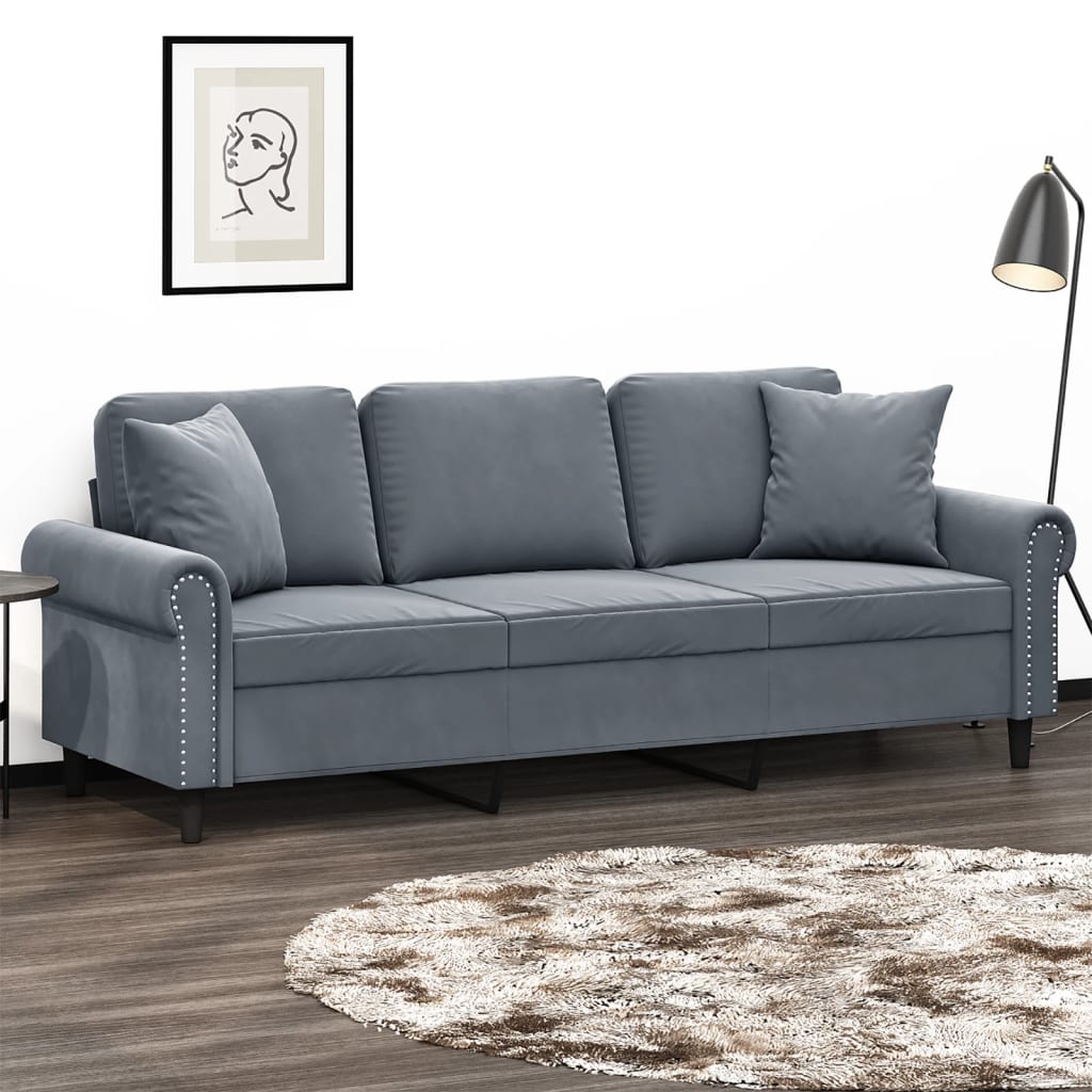 vidaXL 3-Seater Sofa with Throw Pillows Dark Grey 180 cm Velvet