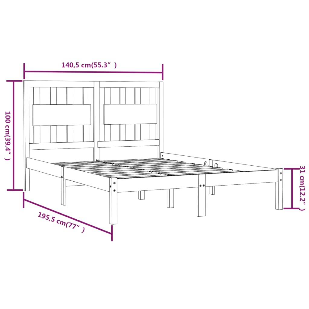 vidaXL Bed Frame without Mattress Black Solid Wood Double