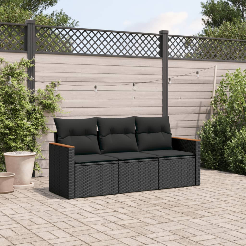 vidaXL 3 Piece Garden Sofa Set with Cushions Black Poly Rattan