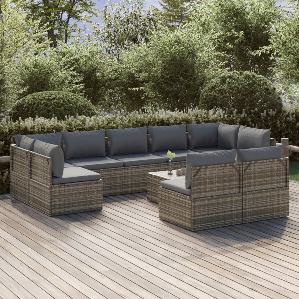 vidaXL 10 Piece Garden Lounge Set with Cushions Grey Poly Rattan