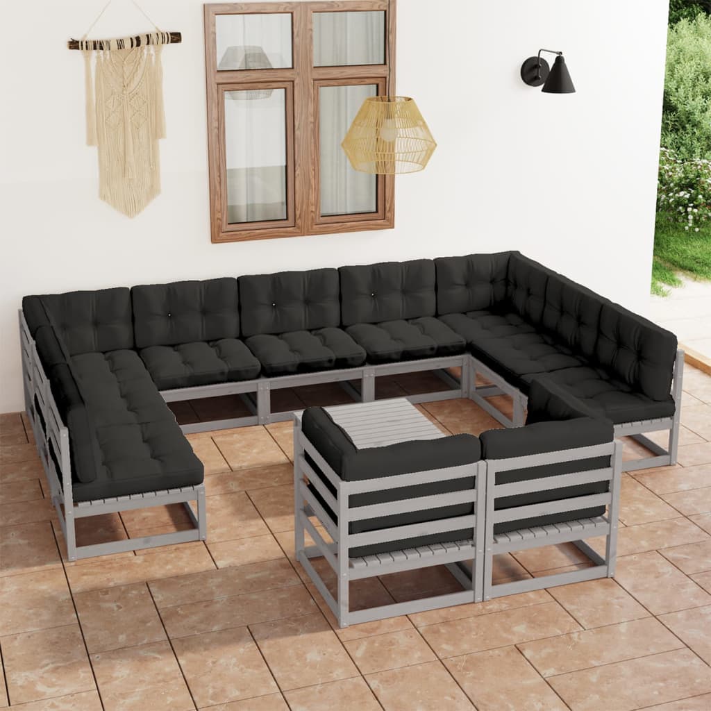 vidaXL 12 Piece Garden Lounge Set with Cushions Grey Solid Pinewood