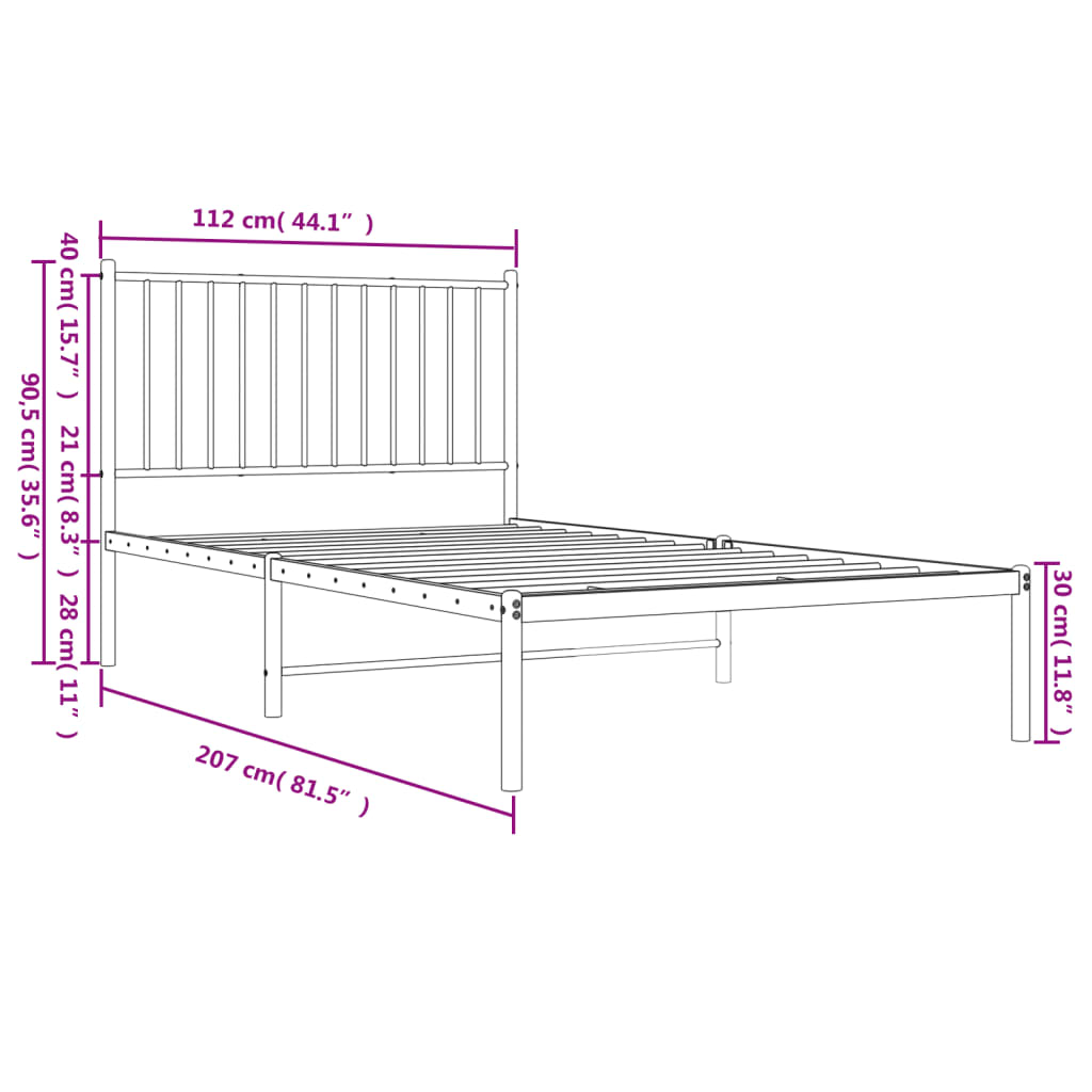 vidaXL Metal Bed Frame without Mattress with Headboard White 107x203 cm