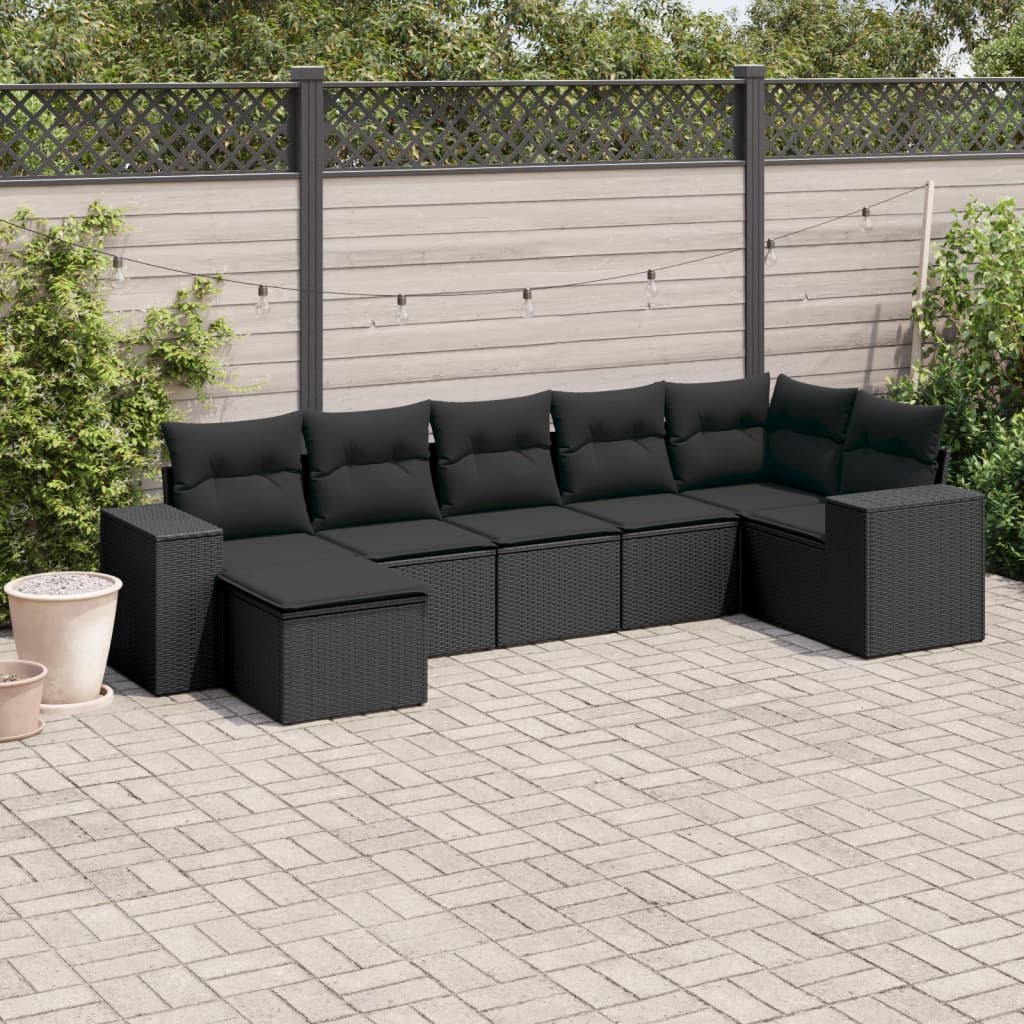 vidaXL 7 Piece Garden Sofa Set with Cushions Black Poly Rattan