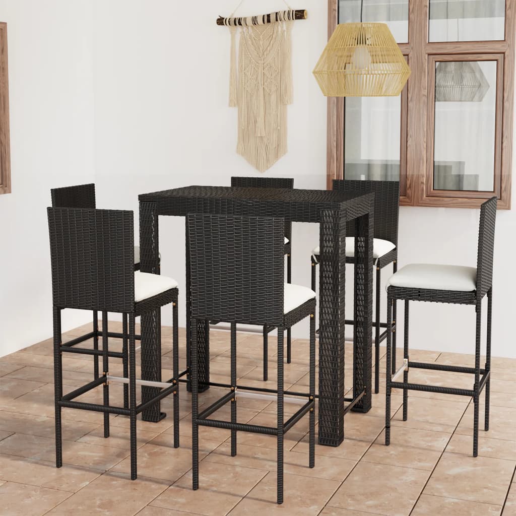 vidaXL 7 Piece Outdoor Bar Set with Cushions Poly Rattan Black